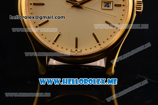 Patek Philippe Calatrava Miyota Quartz Yellow Gold Case with Yellow Gold Dial and Black Leather Strap Stick Markers - Click Image to Close